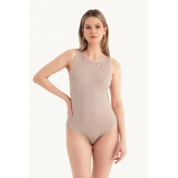 Body fara maneci -  decolteu rotund - decorat cu pietre - bej - jerseu