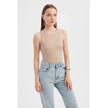 Body  guler rotund - detalii strass - bej - jerseu