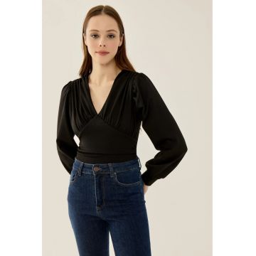 Body Slim Fit -  decolteu in V - maneci balon - negru - poliester