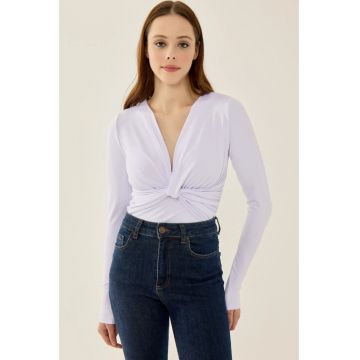 Body  slim fit - maneca lunga - decolteu in V - alb - poliester