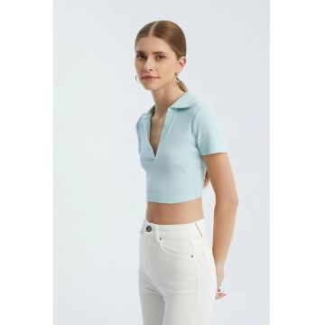 dama -  crop polo - decolteu in V - albastru - jerseu