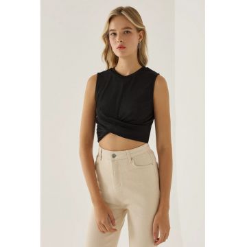 Maiou crop tricotat  negru - poliester - design asimetric