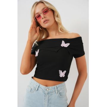 Top cu umerii goi  BDART - brodat - negru - jerseu