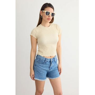 Top dama -  scurt - maneca scurta - bej - material texturat