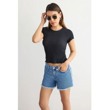 Top dama -  scurt - maneca scurta - decolteu rotund - negru - poliester