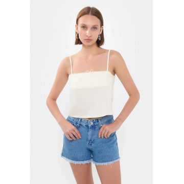 Top de pijama scurt -  cu dungi - guler patrat - alb - textil