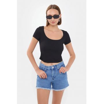 Top scurt dama -  decolteu rotund - negru - jerseu
