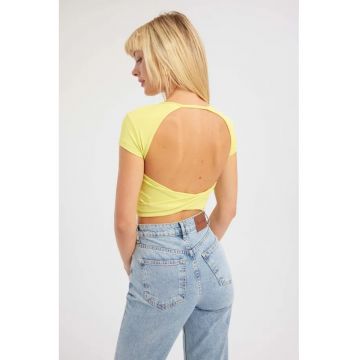 Top scurt dama -  guler rotund - spate incrucisat - galben - textil