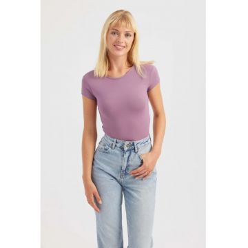 Top scurt dama -  guler rotund - spate incrucisat - violet - textil