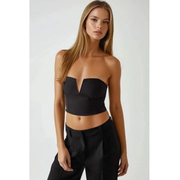 Top scurt -  fara bretele - cu incretituri - negru - textil