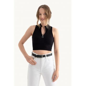 Top scurt -  guler inalt - fermoar pe jumatate - negru - textil