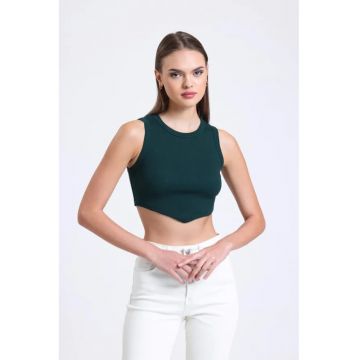 Top scurt -  guler rotund - forma de V - verde - textil