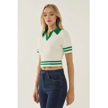 Top tricotat -  color block - guler camasa - alb - acril