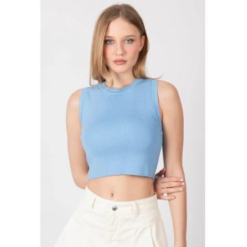 Top tricotat -  crop cu guler rotund - albastru - material de inalta calitate -