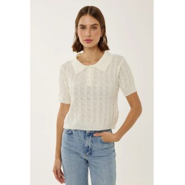 Top tricotat -  guler de camasa - model impletituri - natural - acril