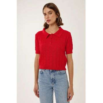 Top tricotat -  guler de camasa - model impletituri - rosu - acril