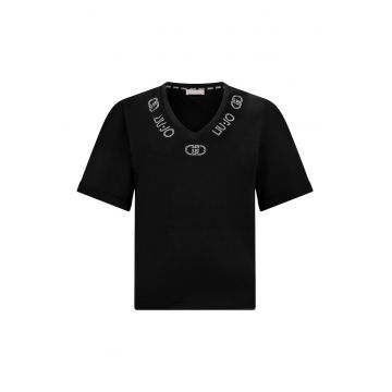 Tricou cu decolteu in V si aplicatii logo cu strasuri