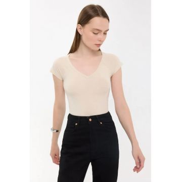 Tricou dama -  basic - decolteu in V - maneca scurta - bej - bumbac