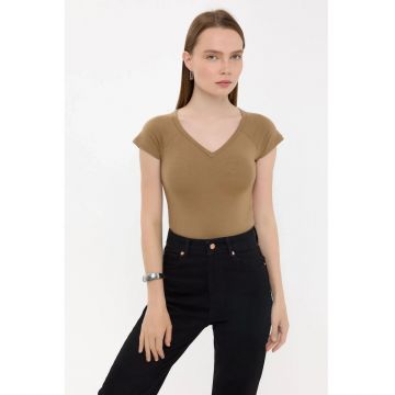 Tricou dama -  basic - maneca scurta - decolteu in V - maro - bumbac