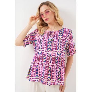Tricou dama  BDART - guler rotund - cu imprimeu - magenta - textil
