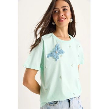 Tricou dama -  brodat - verde - bumbac - maneca scurta