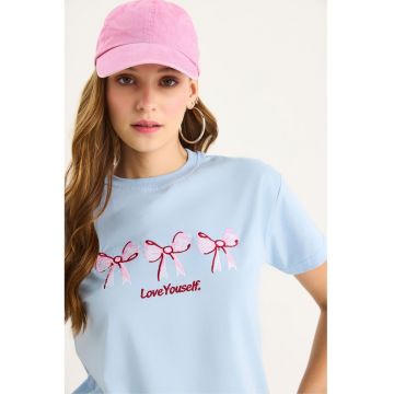 Tricou dama -  bumbac - albastru glaciar - maneca scurta