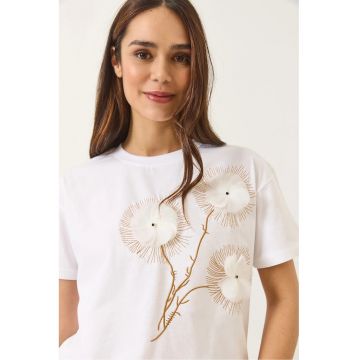 Tricou dama  bumbac - guler rotund - brodat - alb - maneca scurta