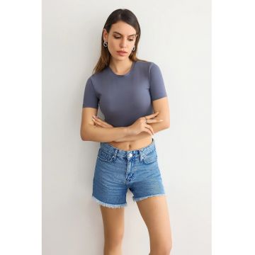 Tricou dama -  crop basic - guler rotund - gri - jerseu