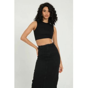 Tricou dama -  crop basic - guler rotund - negru - textil