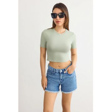 Tricou dama -  crop basic - guler rotund - verde - jerseu