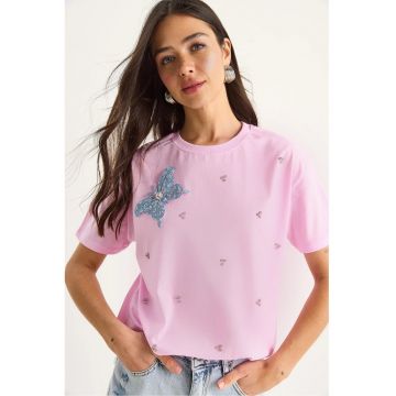 Tricou dama -  guler rotund - brodat - roz - bumbac