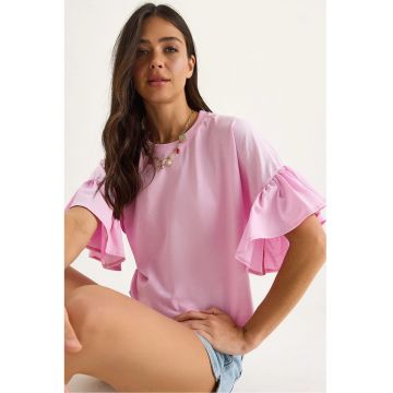 Tricou dama  guler rotund - detalii cu volane - roz - bumbac