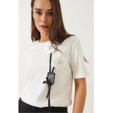 Tricou dama  guler rotund - imprimeu - alb - bumbac