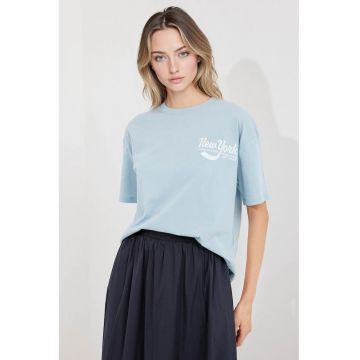 Tricou dama  imprimeu - croiala lejera - albastru - bumbac