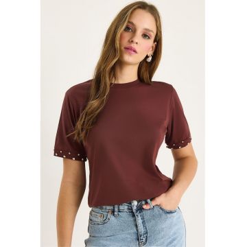 Tricou dama  maneca scurta - guler rotund brodat - maro - jerseu