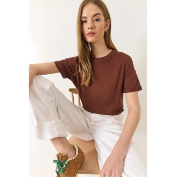 Tricou dama  Relaxed Fit - guler rotund - crapatura - maro - bumbac