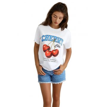 Tricou dama -  Relaxed Fit - imprimeu - alb - bumbac