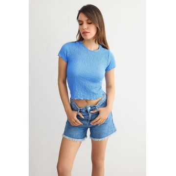 Tricou dama -  scurt - maneca scurta - decolteu rotund - albastru - poliester