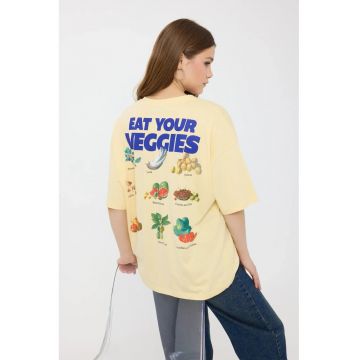 Tricou dama -  supradimensionat - imprimeu - galben - bumbac