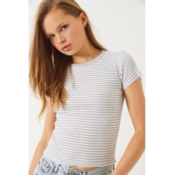 Tricou dama -  top scurt cu dungi - maneca scurta - alb/ gri - bumbac