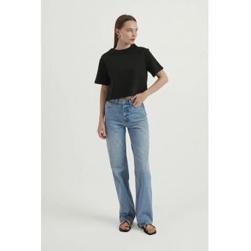 Tricou dama -  top scurt - guler rotund - negru - jerseu -