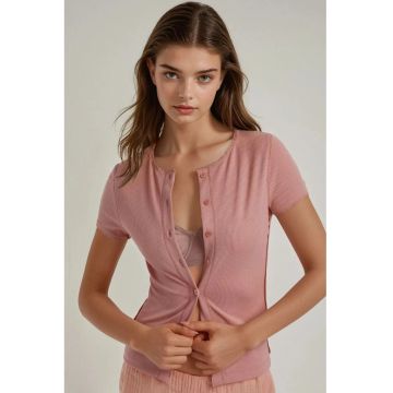 Tricou dama  top texturat tricotat cu nasturi - roz - jerseu