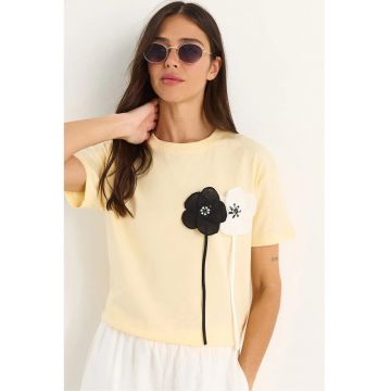 Tricou dama -  tricou cu maneca scurta - imprimeu floral - galben - bumbac
