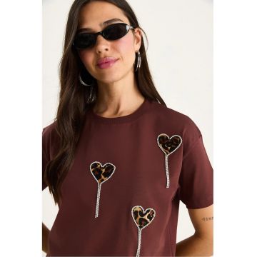 Tricou  din bumbac - imprimeu brodat - maro - maneca scurta