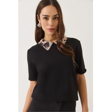 Tricou  imprimeu leopard - guler scurt - maneca scurta - negru - bumbac