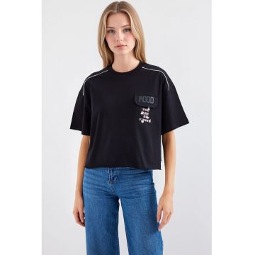 Tricou scurt  guler rotund - croiala lejera - buzunar - Negru - Bumbac -