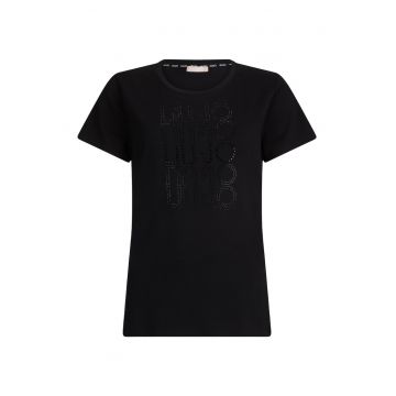 Tricou slim-fit cu logo din strasuri