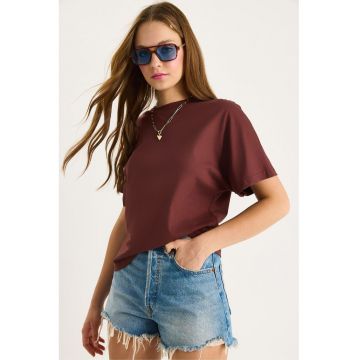 Tricouri dama -  tricou cu guler rotund - bumbac - maro - maneca scurta -