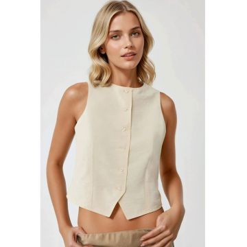 Vesta  fara maneci - guler rotund - bej - material textil