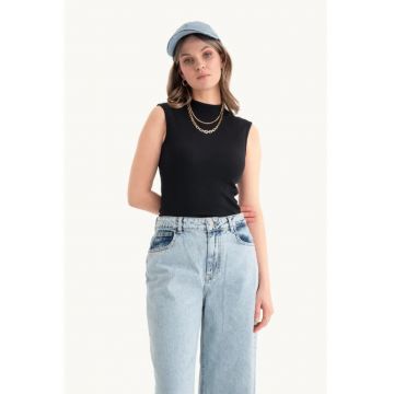 Top bodycon -  guler inalt - nervuri - negru - textil